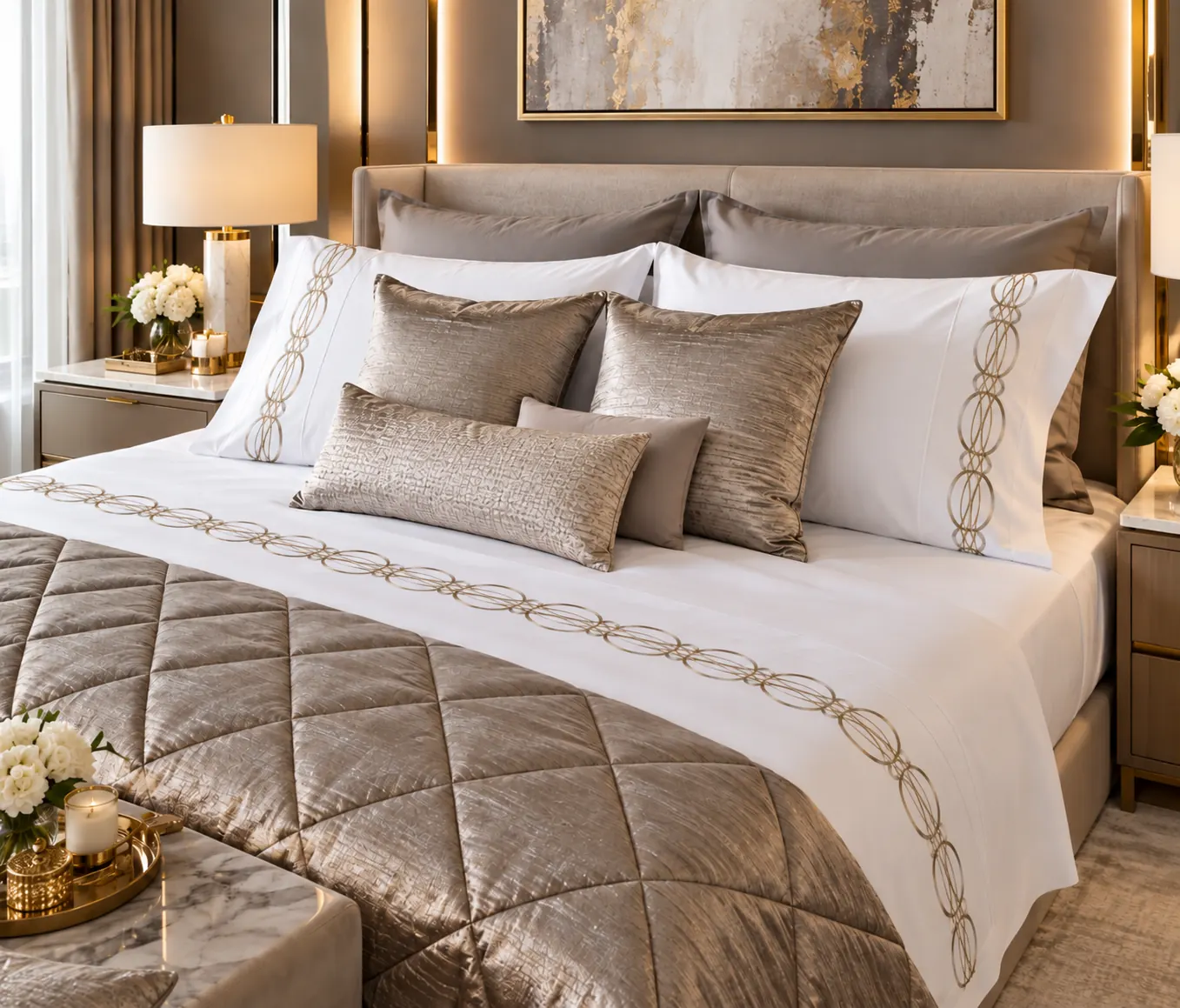 Tia adult bed linen set — A warm taupe quilt with a curved embroidered border and coordinating cushions.