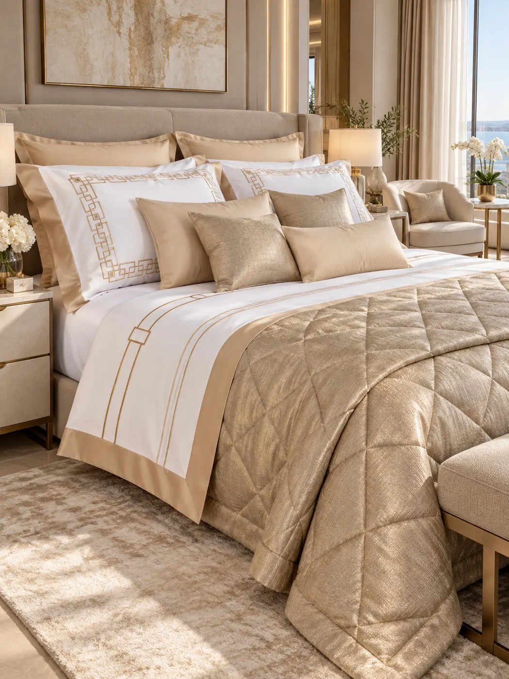 Nara adult bed linen set — A soft beige set with a white ground, double taupe border and quilted cover.