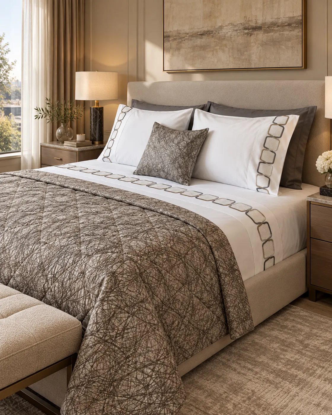 Esme adult bed linen set — A taupe textured cover framed by a looping embroidered border.