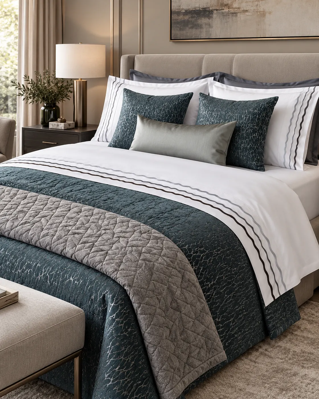 Aven adult bed linen set — White bedding accented with deep blue borders and coordinating blue cushions.