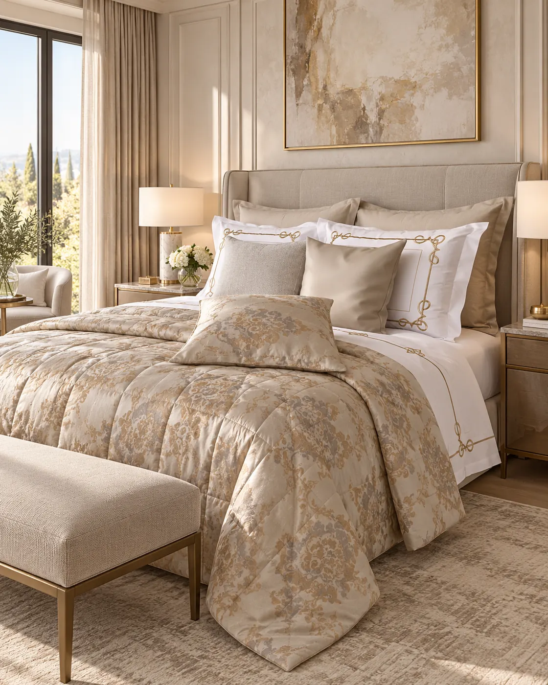 Cira adult bed linen set — A beige bed set with a tonal ornamental pattern across the quilted cover.