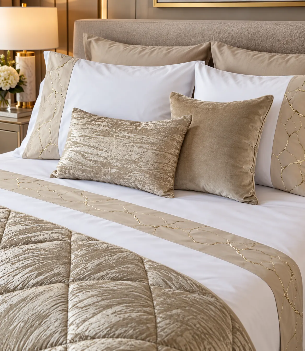 Elva adult bed linen set — White bedding with taupe-gold textured cushions and a softly banded cover.