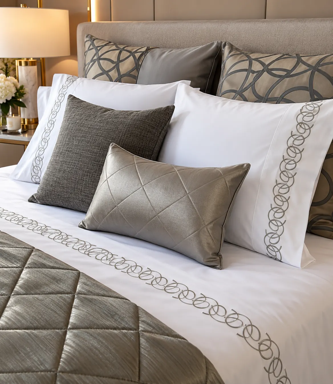 Mira adult bed linen set — A white quilted set with taupe cushions and a looping border embroidered across the bed.