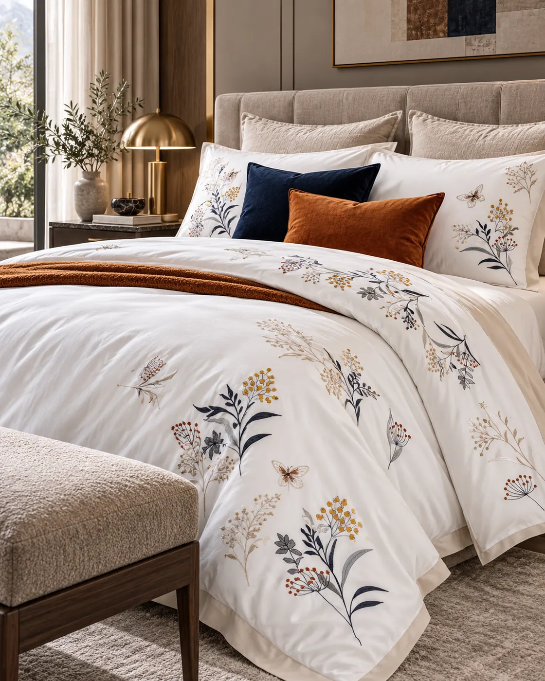 Rina adult bed linen set — A white cover with fine floral branches, styled with rust and dark accent cushions.