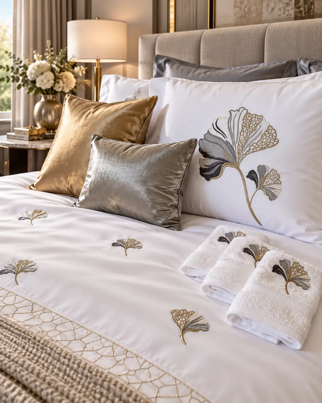 Sela adult bed linen set — White bedding with a botanical leaf motif and soft gold-grey accent cushions.