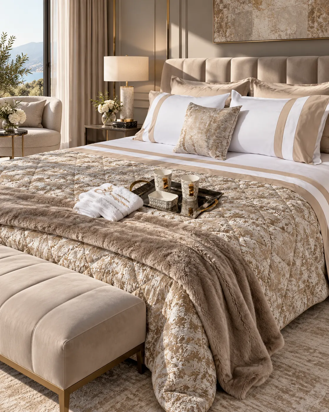 Yara adult bed linen set — A warm taupe quilted cover with a long textured runner and restrained border.