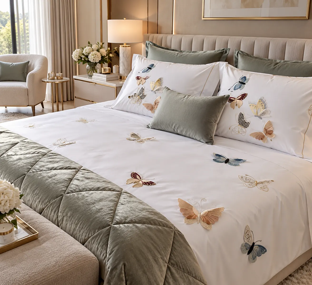 Vala adult bed linen set — White bedding with small scattered floral motifs and a taupe quilted cover.