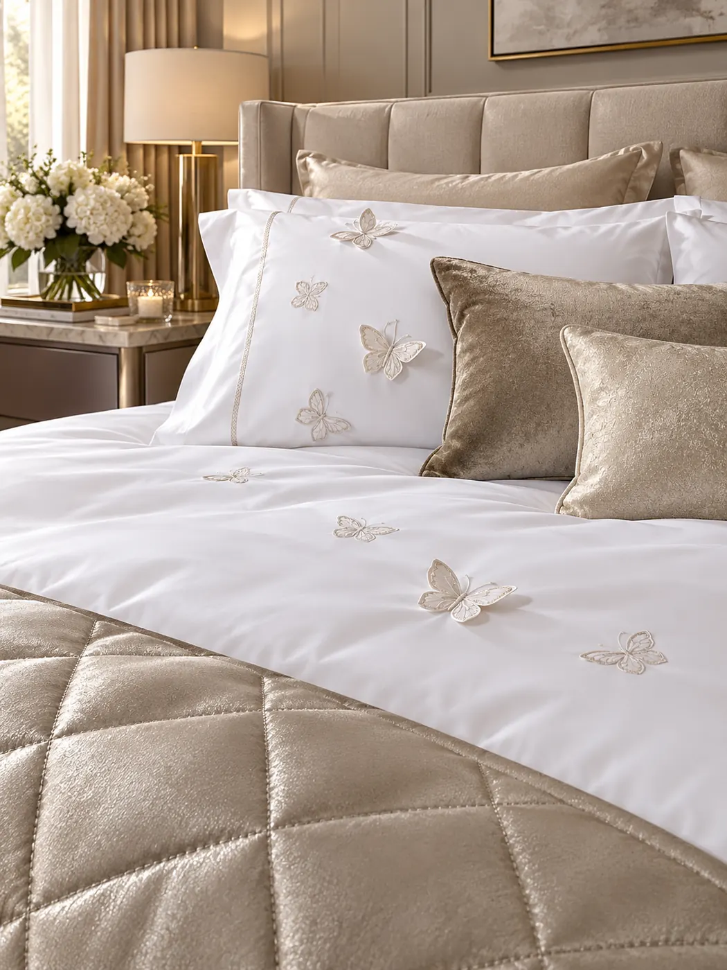 Elia adult bed linen set — A white cover with delicate scattered floral details over a taupe quilted base.