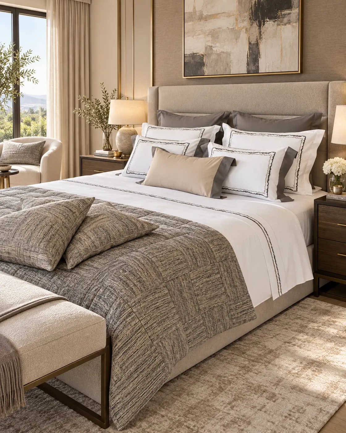 Luma adult bed linen set — A taupe cover with a textured central panel, framed by clean white bands.
