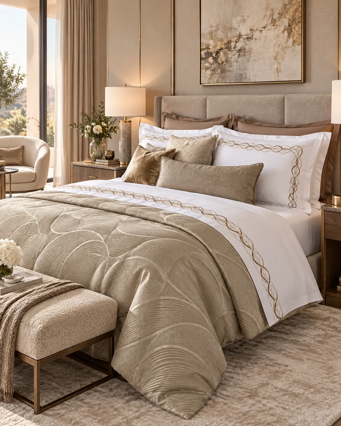 Alina adult bed linen set — A taupe and ivory set with broad curved bands and a softly rolled edge.