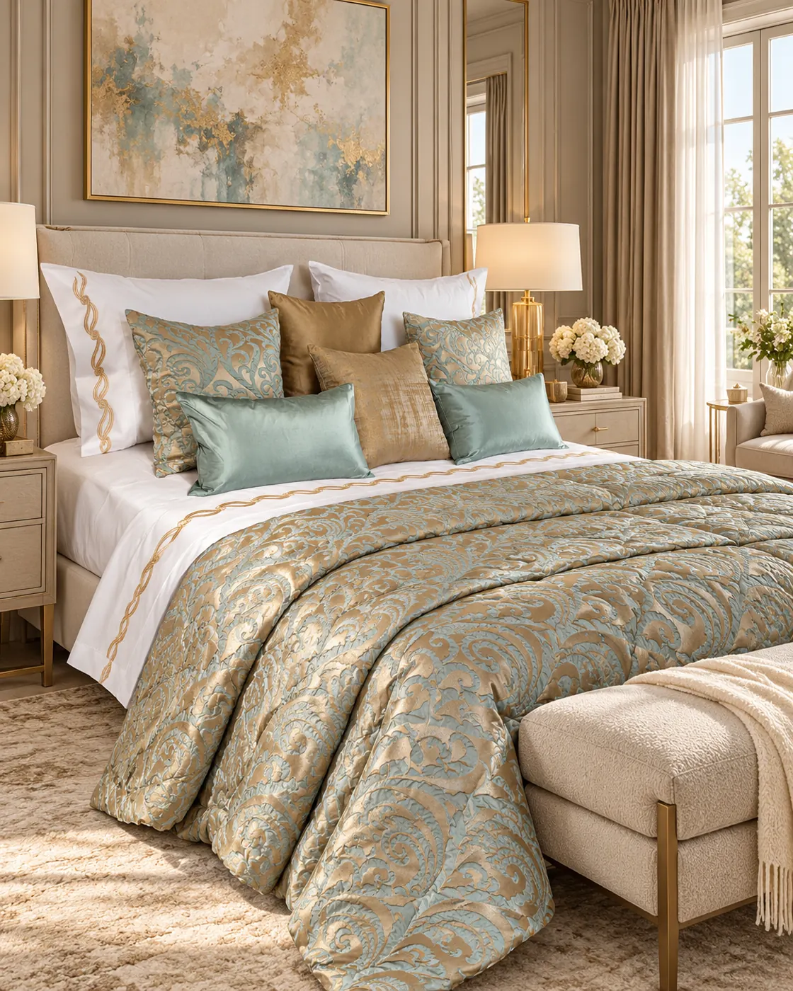 Soraya adult bed linen set — An olive-ivory cover with a botanical pattern and muted sage accent cushions.