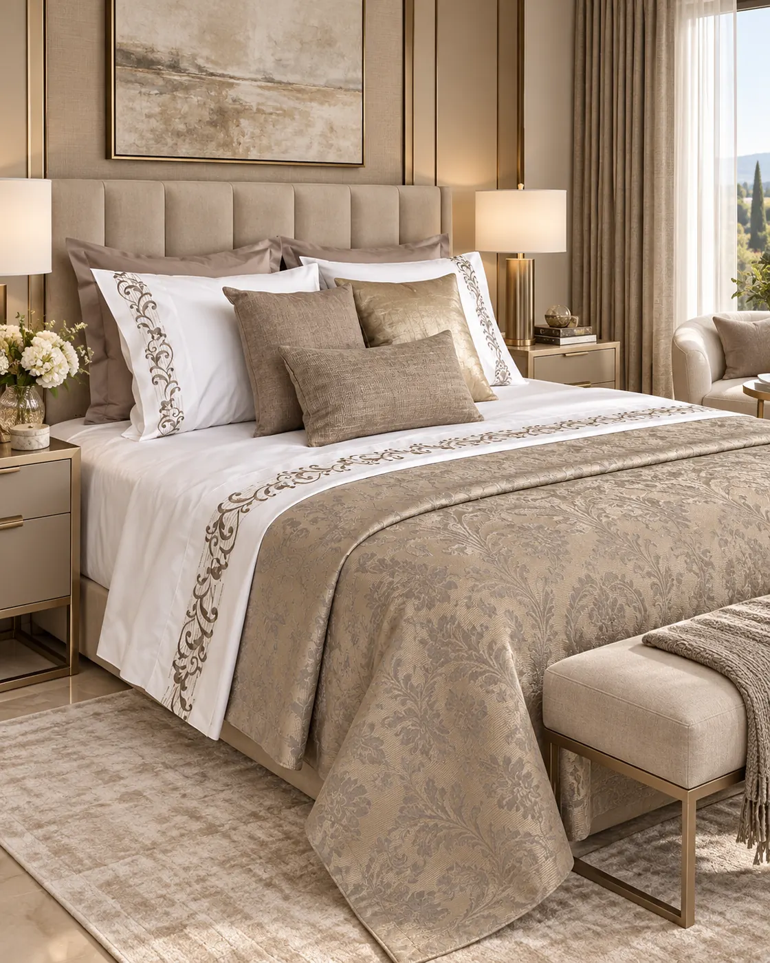 Vira adult bed linen set — A taupe and ivory set with a geometric embroidered border and textured cover.